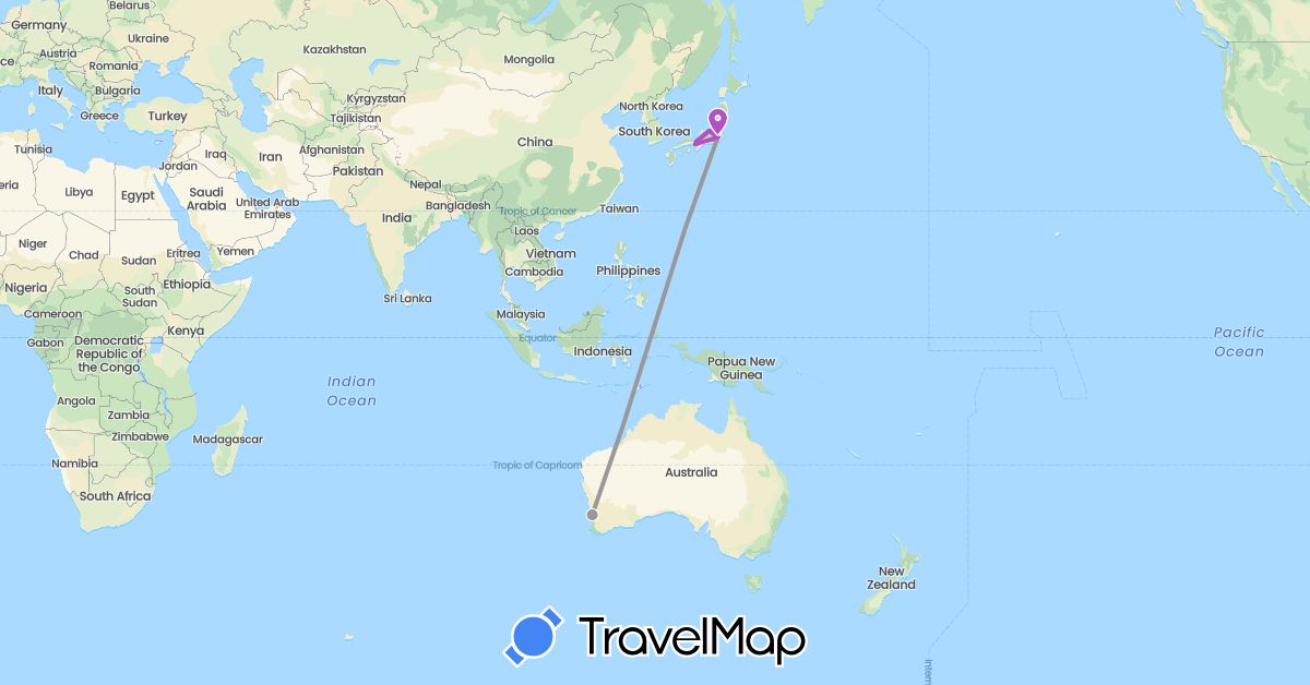 TravelMap itinerary: driving, plane, train in Australia, Japan (Asia, Oceania)